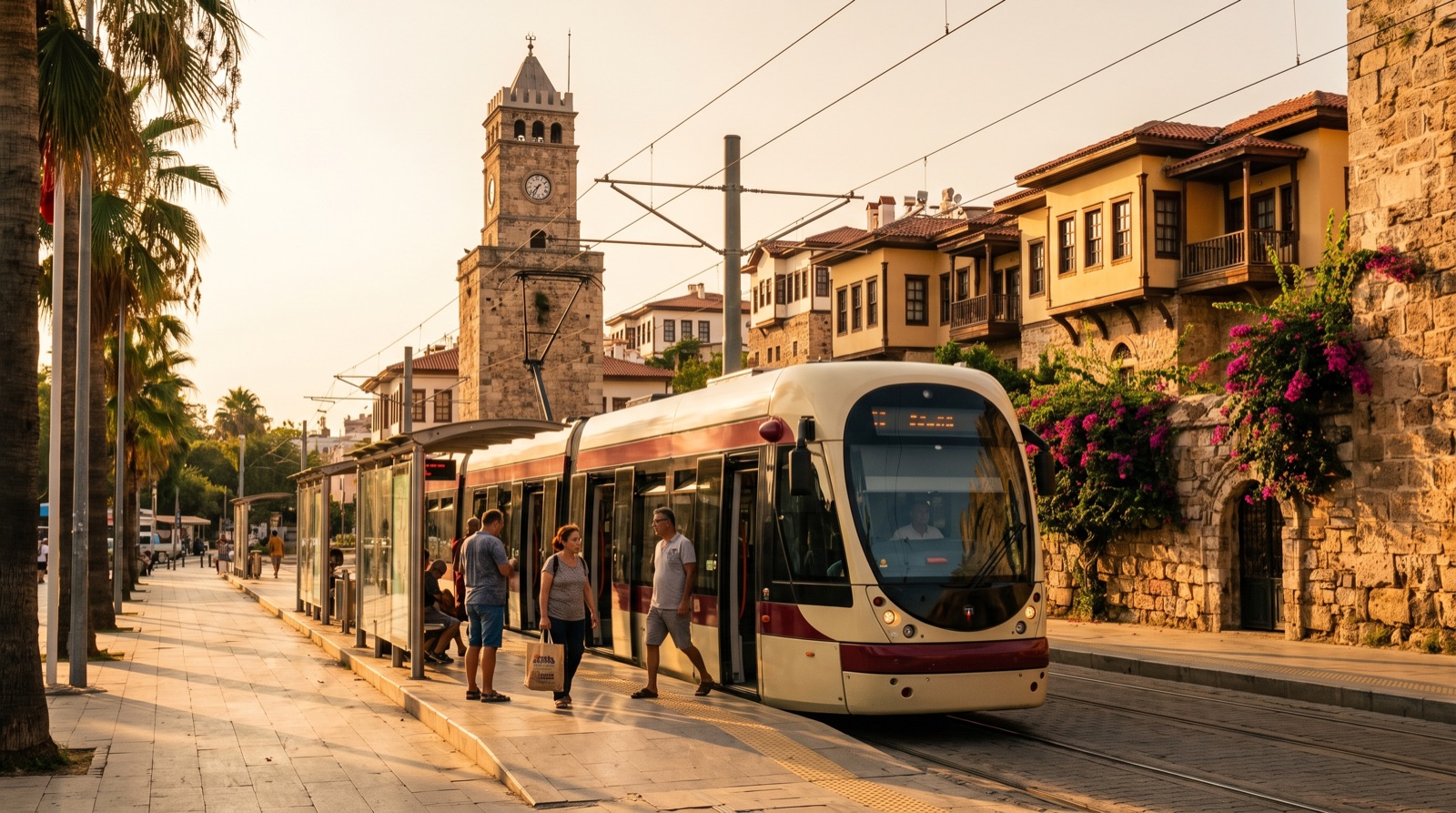 Antalya Kaleiçi'nin tarihi saat kulesi ve Osmanlı dönemi ahşap cumbalı evlerinin önünde, palmiyelerle çevrili bir tramvay durağında duran Antray tramvayı ve inen yolcular