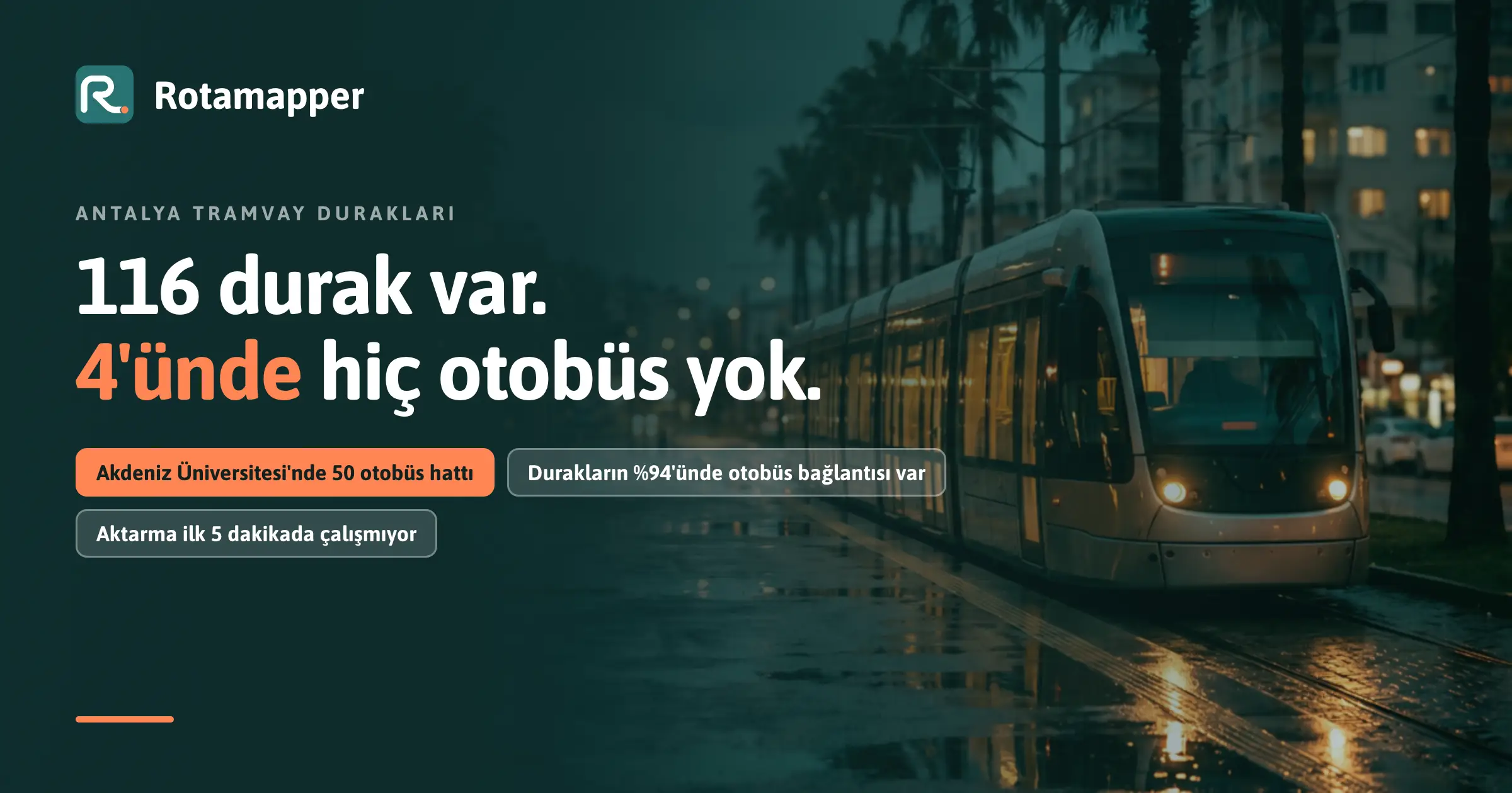 Rotamapper logosu ve 116 tramvay durağı, 4 tanesinde hiç otobüs yok başlığı; arka planda gece bir tramvay durağı